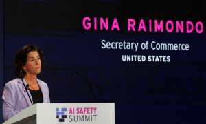 US Commerce Secretary Gina Raimondo speaks during the UK Artificial Intelligence (AI) Safety Summit at Bletchley Park, in central England, on November 1, 2023. (Photo by TOBY MELVILLE/POOL/AFP).