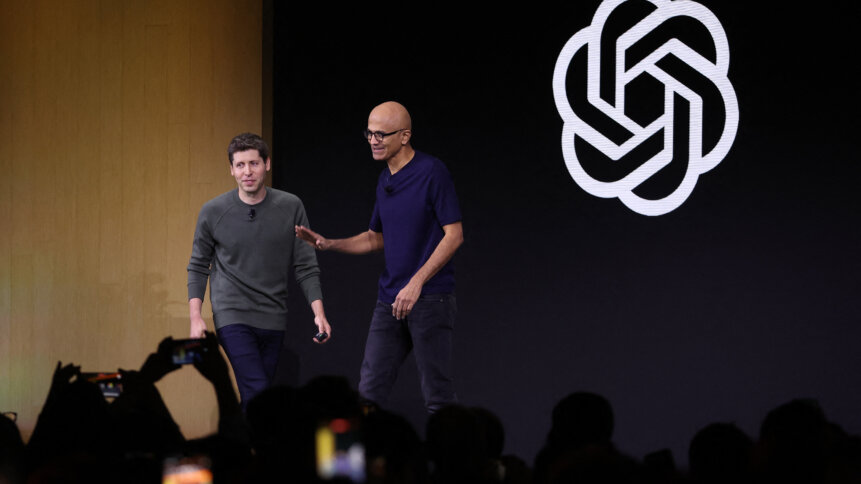 Microsoft CEO Satya Nadella (R) greets OpenAI CEO Sam Altman during the OpenAI DevDay event on November 06, 2023 in San Francisco, California. Altman delivered the keynote address at the first-ever Open AI DevDay conference. Justin Sullivan/Getty Images/AFP (Photo by JUSTIN SULLIVAN / GETTY IMAGES NORTH AMERICA / Getty Images via AFP).