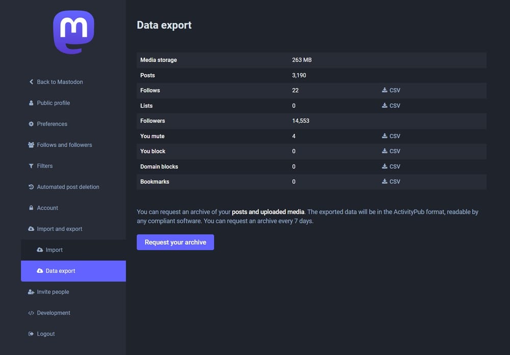 Bluesky vs. MAstodon. Mastodon data exporting.